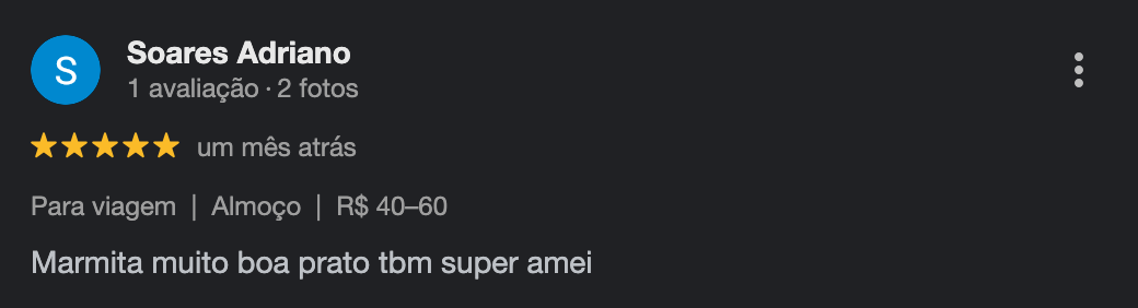 Avaliação Positiva Luiz Gustavo - Marmitaria X - Bauru